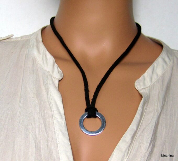 N1078terh collier cordon daim anneau plaque argent