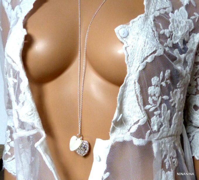 N1081c Collier femme long sautoir coeurs plaqué argent 925 nacre