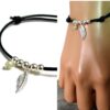 N1084ter Bracelet femme cordon cuir plume argent massif aiguemarine