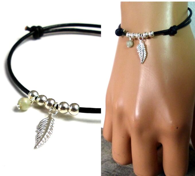 N1084ter Bracelet femme cordon cuir plume argent massif aiguemarine
