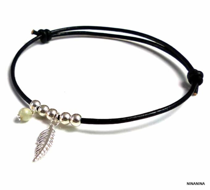 N1084terd Bracelet femme cordon cuir plume argent massif aiguemarine