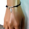 N1084tere Bracelet femme cordon cuir plume argent massif aiguemarine