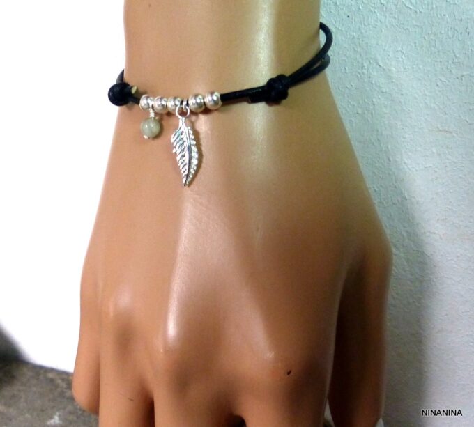 N1084tere Bracelet femme cordon cuir plume argent massif aiguemarine