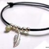 N1084teri Bracelet femme cordon cuir plume argent massif aiguemarine