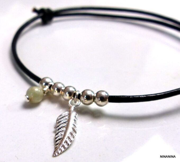 N1084teri Bracelet femme cordon cuir plume argent massif aiguemarine