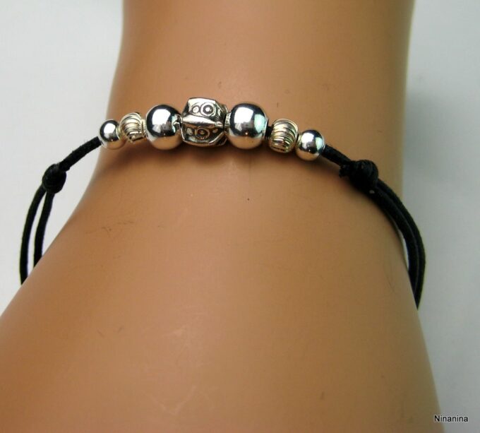 N1085terb bracelet cordon cuir et perles argent massif