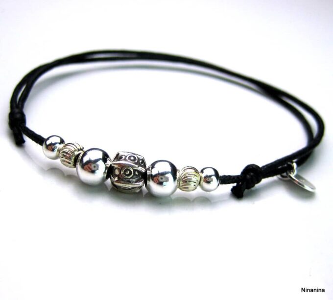 N1085terf bracelet cordon cuir et perles argent massif
