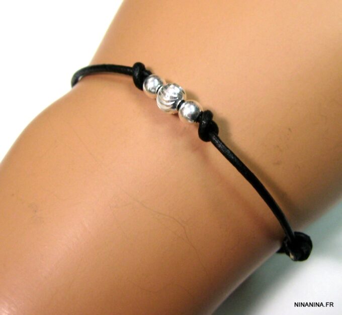 N1100tere bracelet cordon cuir perles argent massif