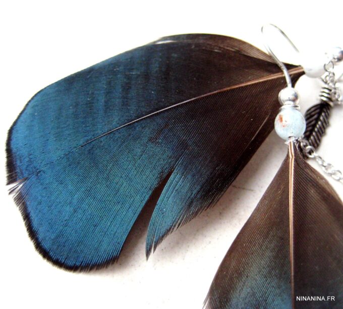 N1113a boucles d'oreilles plume argent 925