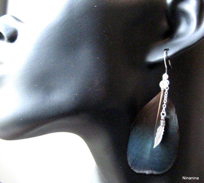 N1113b boucles d'oreilles plume argent 925