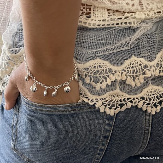 N1136b Bracelet sequins ronds plats plaqué Argent femme - Bijoux Bracelets en ligne Ninanina