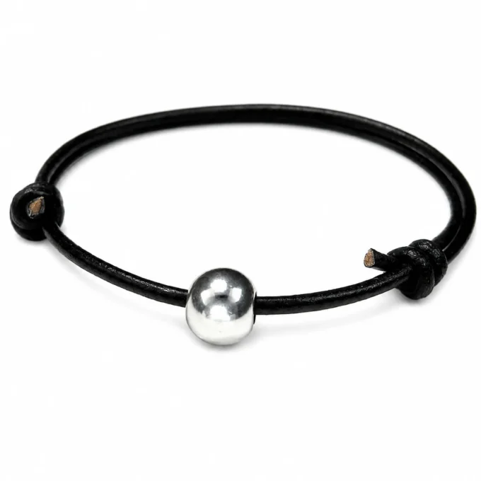 N1149 Bracelet boule Argent 925 massif cordon cuir réglable - Bijoux Bracelets cuir en ligne Ninanina