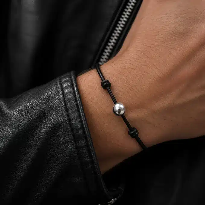 N1149a Bracelet boule Argent 925 massif cordon cuir réglable - Bijoux Bracelets cuir en ligne Ninanina