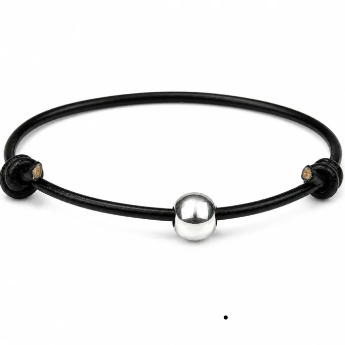 N1149b Bracelet boule Argent 925 massif cordon cuir réglable - Bijoux Bracelets cuir en ligne Ninanina