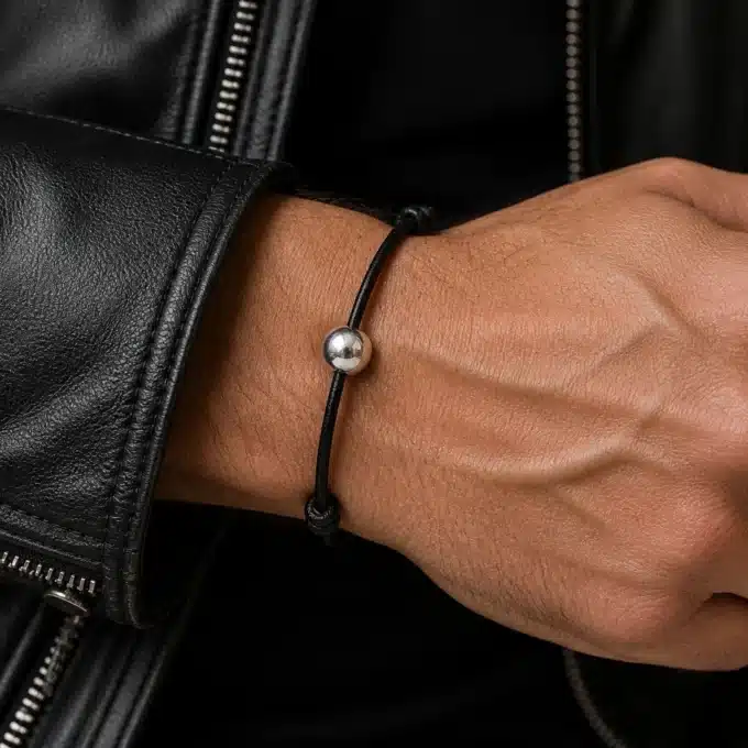 N1149c Bracelet boule Argent 925 massif cordon cuir réglable - Bijoux Bracelets cuir en ligne Ninanina