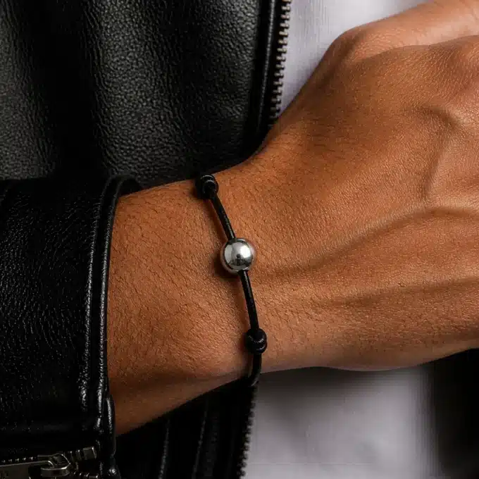 N1149e Bracelet boule Argent 925 massif cordon cuir réglable - Bijoux Bracelets cuir en ligne Ninanina