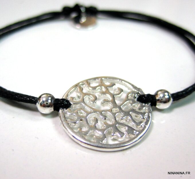 N1186tera bracelet cordon rosace filigranée plaqué argent