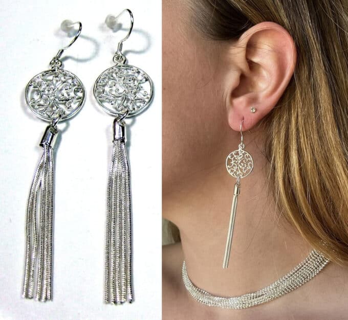 N1193 Boucles d'oreilles extra longues pompon chaines plaqué argent - Bijoux Boucle d'oreille en ligne Ninanina