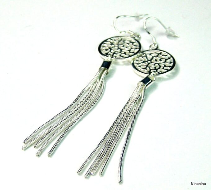 N1193a Boucles d'oreilles extra longues pompon chaines plaqué argent - Bijoux Boucle d'oreille en ligne Ninanina