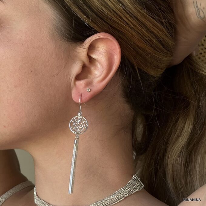 N1193b Boucles d'oreilles extra longues pompon chaines plaqué argent - Bijoux Boucle d'oreille en ligne Ninanina