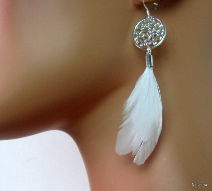 N1194terd boucles plaque argent et plumes
