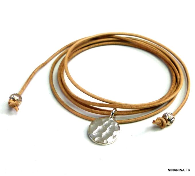 N1219 cbracelet cordon cuir medaille argent massif martelé