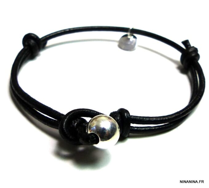 N1221tera bracelet cordon cuir boule argent massif