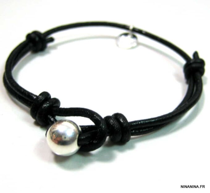 N1221tera bracelet cordon cuir boule argent massif