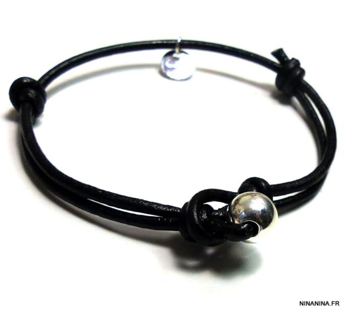 N1221terb bracelet cordon cuir boule argent massif