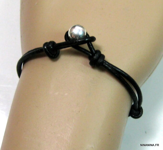 N1221terd bracelet cordon cuir boule argent massif