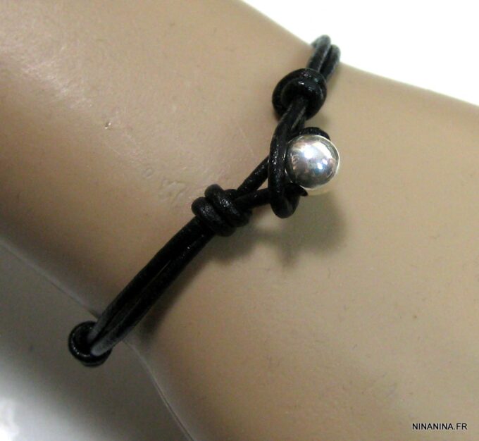 N1221tere bracelet cordon cuir boule argent massif
