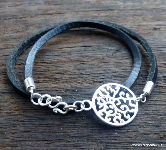 N1222 Bracelet cordon cuir arabesque ronde plaqué argent fermoir infini argent massif 925 - Bijoux Bracelets en ligne Ninanina