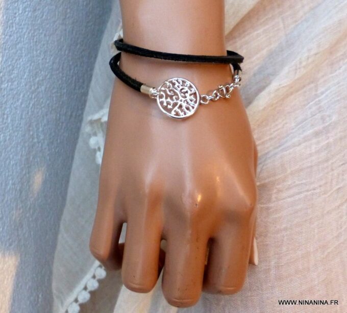 N1222a Bracelet cordon cuir arabesque ronde plaqué argent fermoir infini argent massif 925 - Bijoux Bracelets en ligne Ninanina