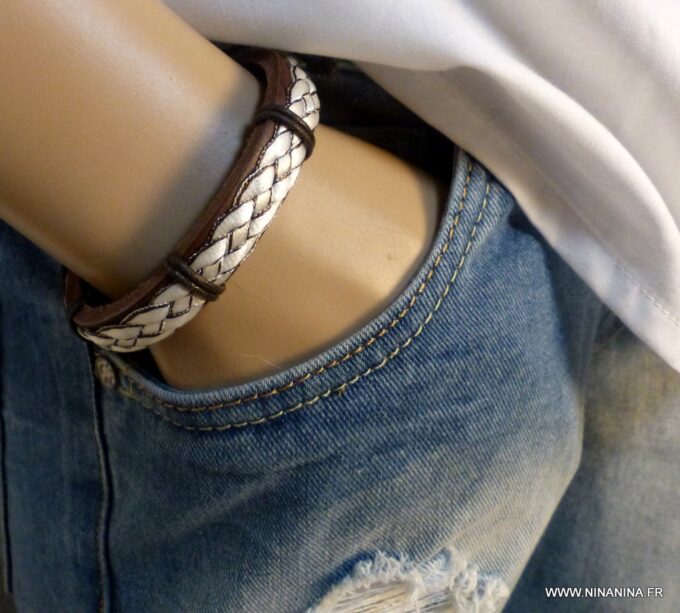 N1227j bracelet homme cuir réglable chanvre blanc NINANINA