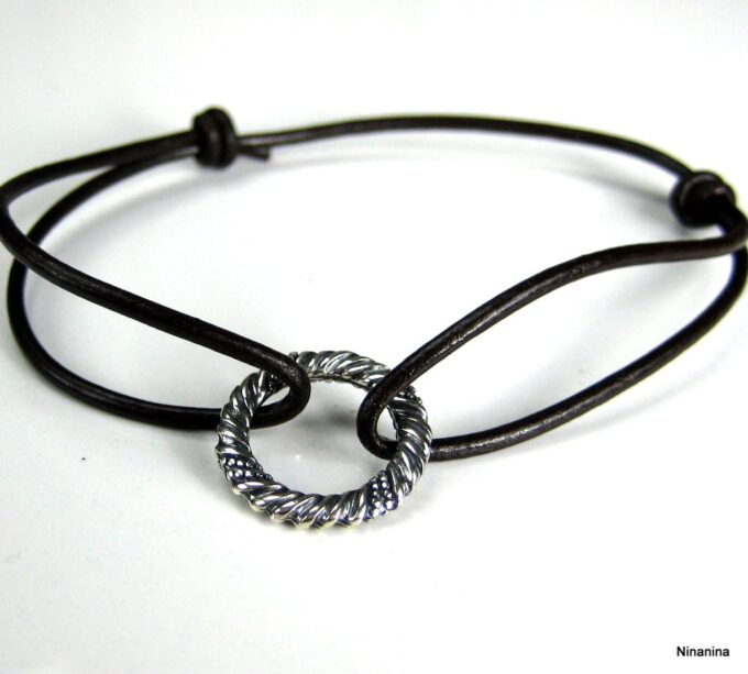 N1234tera bracelet cordon cuir et nneau argent massif