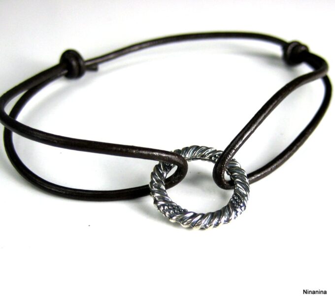 N1234terb bracelet cordon cuir et nneau argent massif