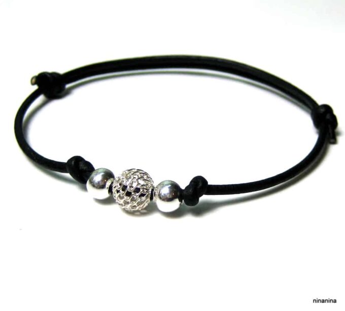 N1252ter bracelet cordon cuir perles argent massif
