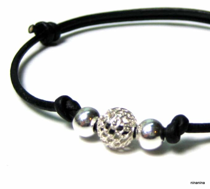 N1252tera bracelet cordon cuir perles argent massif