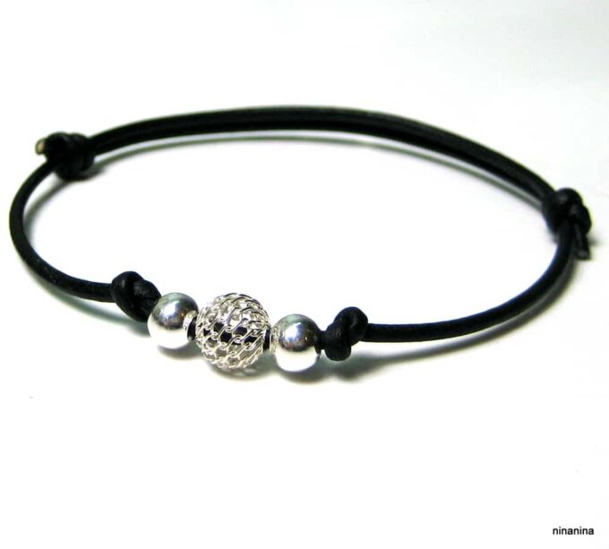 N1252tere bracelet cordon cuir perles argent massif