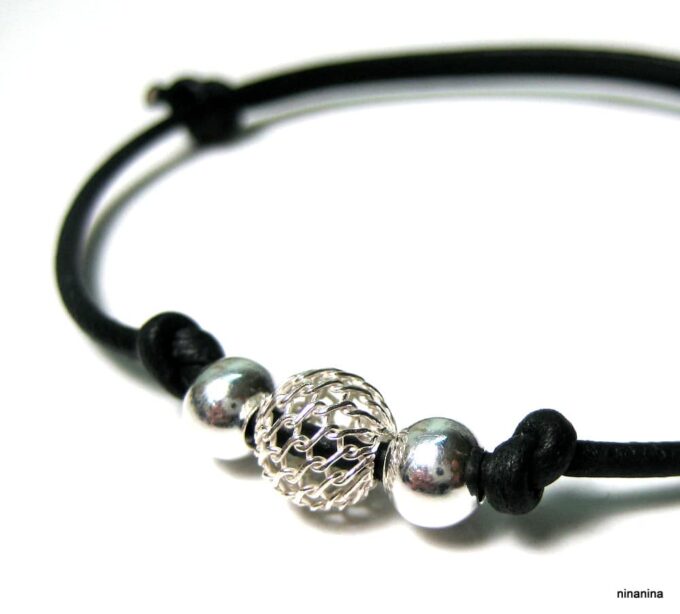 N1252terf bracelet cordon cuir perles argent massif