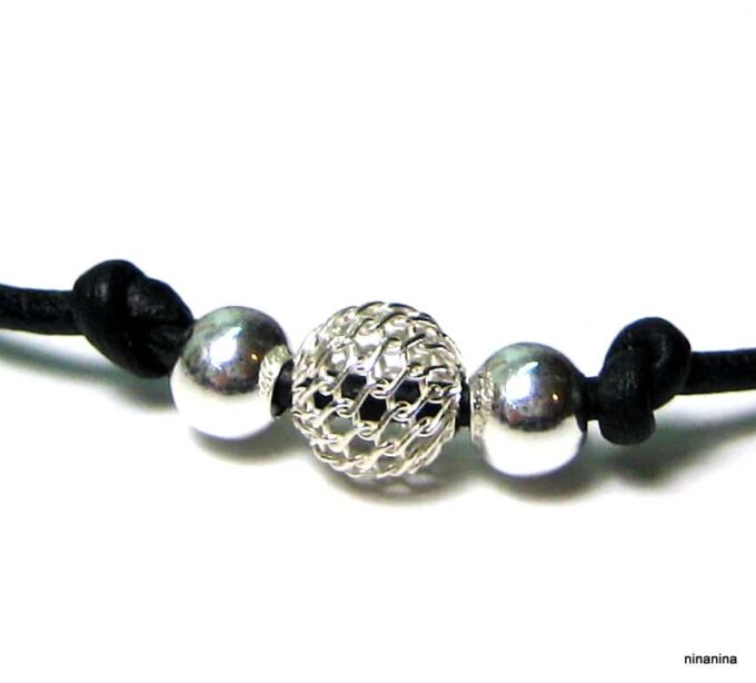 N1252terh bracelet cordon cuir perles argent massif