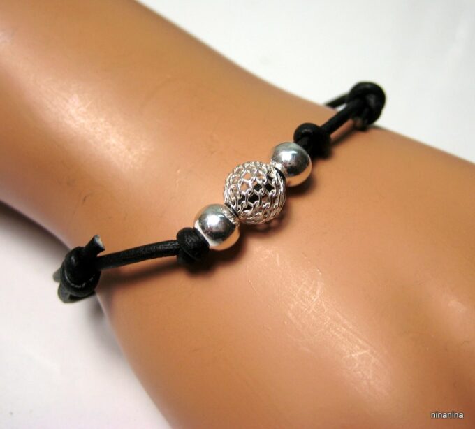 N1252terj bracelet cordon cuir perles argent massif