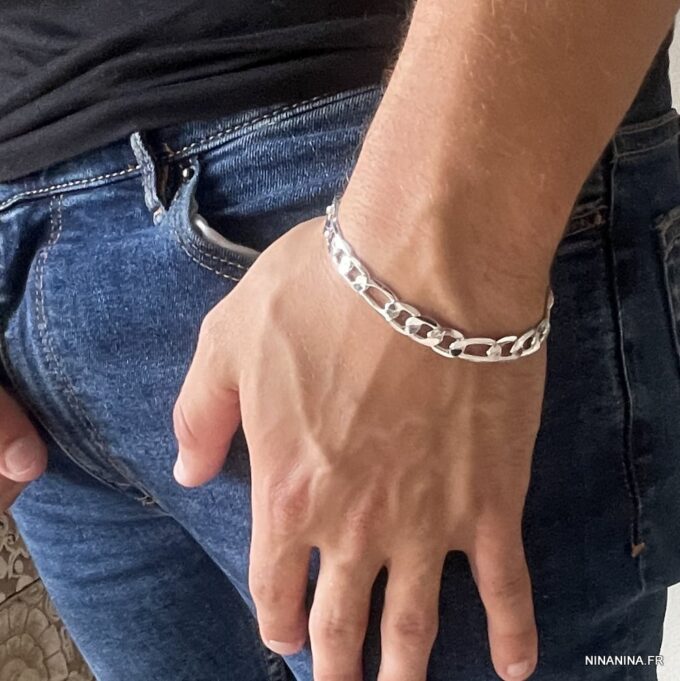N1260 Bracelet maille figaro homme plaqué Argent 925 - Bijoux Bracelets en ligne Ninanina