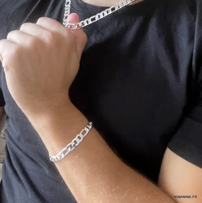 N1260a Bracelet maille figaro homme plaqué Argent 925 - Bijoux Bracelets en ligne Ninanina