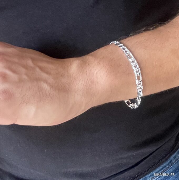 N1260d Bracelet maille figaro homme plaqué Argent 925 - Bijoux Bracelets en ligne Ninanina