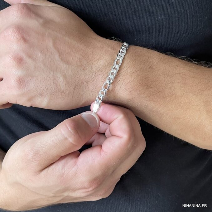 N1260g Bracelet maille figaro homme plaqué Argent 925 - Bijoux Bracelets en ligne Ninanina
