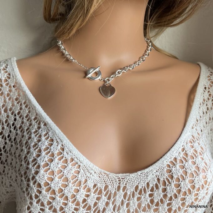 N1270 Gros Collier Argent plaqué femme maille ovale pendentif coeur - Bijoux Colliers femmes en ligne Ninanina