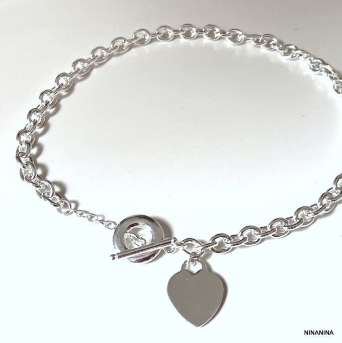 N1270e Gros Collier Argent plaqué femme maille ovale pendentif coeur - Bijoux Colliers femmes en ligne Ninanina