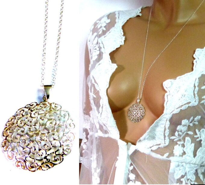 N1314ter Collier long femme sautoir pendentif rond argent massif