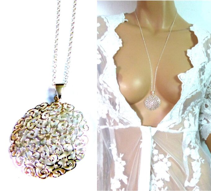 N1314terf Collier long femme sautoir pendentif rond argent massif